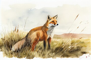 Watercolor Illustration of a Painting Of A Red Fox On A Grassy Field. Generative AI