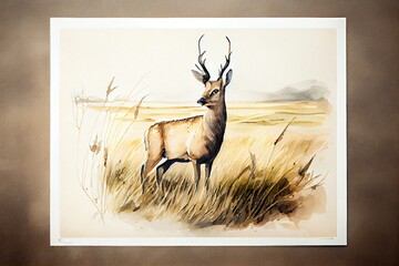 Watercolor Illustration of a Painting Of A Beautiful Deer On A Grassy Field. Generative AI