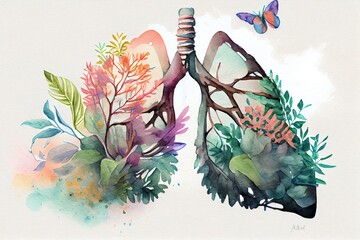 Watercolor Illustration of a Holding A Lung With Flowers For Fresh Healthy Breathing Air, Environment Concept, Connect To Nature, Lung. Generative AI