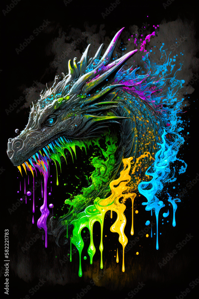 Sticker Dragon painted in rainbow colors on black background. Generative AI.