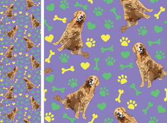 Fototapeta premium Golden Retriever dogs on a playful violet background with bones, hearts, paws. Funky, colorful vibe, vibrant palette. Simple, clean, modern texture. Summer seamless pattern with dogs.Birthday present.