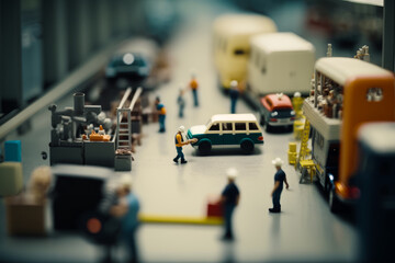 Miniature people and vehicles in factory. Generative AI.