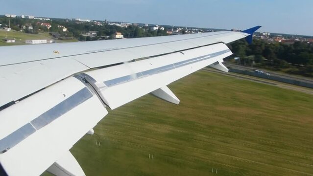 Airplane landing. View from inside plane.