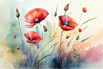 Watercolor Illustration of a Flowers Red Poppies Blossom On Wild Field. Beautiful Field Red Poppies With Selective Focus. Red Poppies In Soft Light. Opium Poppy. Natural Drugs. Generative AI - obrazy, fototapety, plakaty