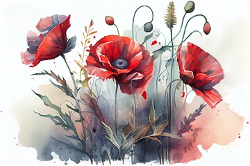 Watercolor Illustration of a Flowers Red Poppies Blossom On Wild Field. Beautiful Field Red Poppies With Selective Focus. Red Poppies In Soft Light. Opium Poppy. Natural Drugs. Generative AI - obrazy, fototapety, plakaty