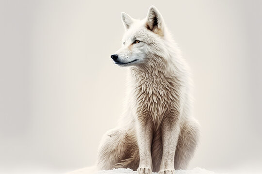 An image of white wolf sitting in the snow. Generative AI.
