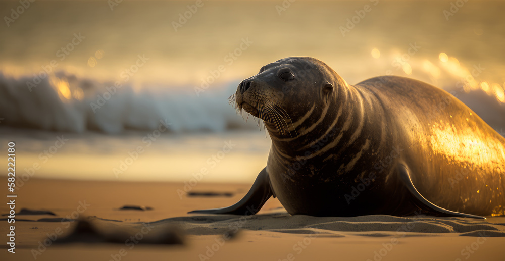 Sticker Large seal laying on the beach at sunset. Generative AI.