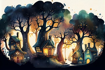 Watercolor Illustration of a Fantasy Houses In Magic Forest At Night, Fairy Tale Habitation In Trees Trunks. Generative AI