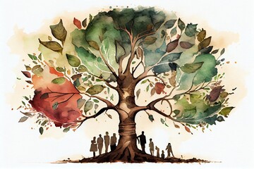 Watercolor Illustration of a Family Tree. Generative AI - obrazy, fototapety, plakaty