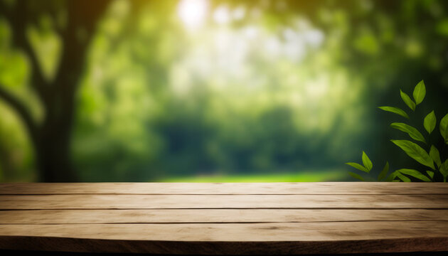 An empty wooden table with green trees in the background. Generative AI.