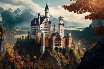 Majestic Castle amidst the Mountains: A Fairytale Setting , Generative AI