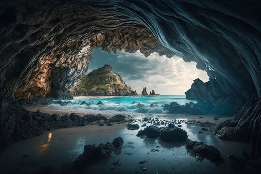 Hidden Wonders: A Cave with a Beach View, generative AI