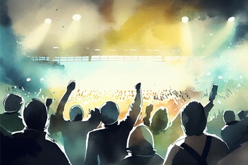 Fototapeta na wymiar Watercolor Illustration of a Cinematic Football Stadium Background With Full Of Crowded Audience, , Football Fans Or Supporters Chanting And Celebrating In Soccer Ground. Generative AI