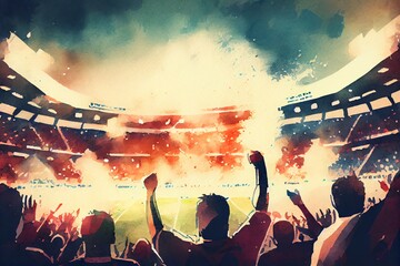 Watercolor Illustration of a Cinematic Football Stadium Background With Full Of Crowded Audience, , Football Fans Or Supporters Chanting And Celebrating In Soccer Ground. Generative AI - obrazy, fototapety, plakaty