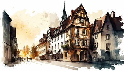 Fototapeta na wymiar Awe-Inspiring Cityscape of Ancient European Town - Old City Street Vibe in Watercolor Digital Art, Generative AI