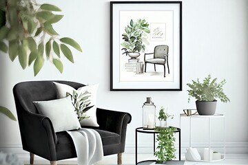Watercolor Illustration of a Black Frame Placed In A Bright Living Room Mockup. Generative AI