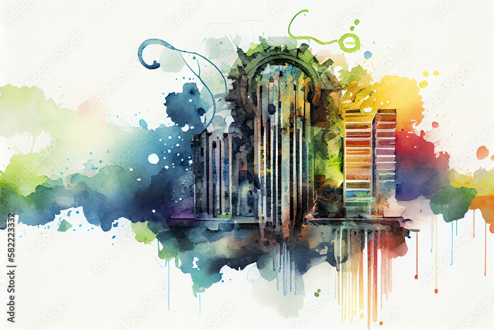 Wall mural watercolor illustration of a abstract technology digital datad big data background. generative ai