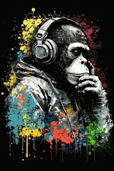 Cool Cartoon Monkey Listening to Music in the City: Portrait of a Rapper with Earphones and Colorful Paints Smudged and Spattered