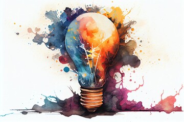Watercolor Illustration of a Abstract Bulb, Creativity. Generative AI - obrazy, fototapety, plakaty