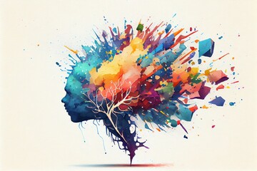 Watercolor Illustration of a A Brain Bursting Out In Colorful Particles Of Creativity. Generative AI