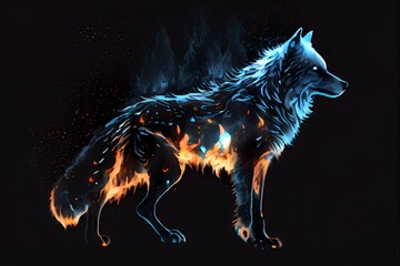 Obraz na płótnie Canvas Watercolor Illustration of a Wolf In The Night, A Drawing Of A Wolf Highlighted With Ice Blue Bright Flames On Black Background. Generative AI