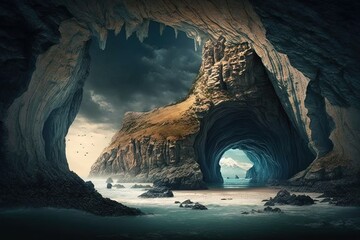 Hidden Wonders: A Cave with a Beach View, generative AI