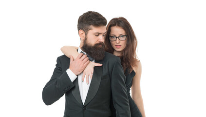 Love is in the air. male tuxedo fashion. sexy lady embrace her bearded man. couple in love. business meeting. love and romance. formal couple grooming for engagement event. elegant woman