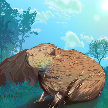capybara or chiguire in landscape, green tree and clouds