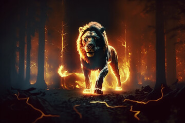 leão feroz em floresta em chamas de fogo 