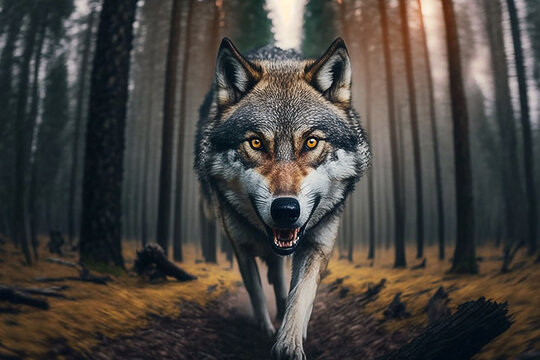lobo feloz com olhar fixo em floresta 