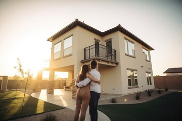 Obraz premium Rear view of young couple looking at their new house