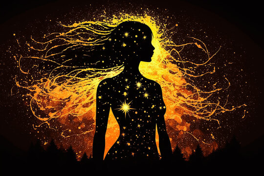 silhueta de mulher emanando luz ao universo 