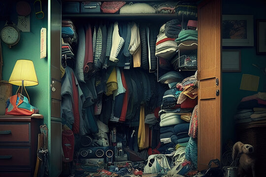 Untidy Closet With Bunch Of Messy Clothes. Wardrobe In Room With Thrown Clothes On Shelf. Created With Generative AI