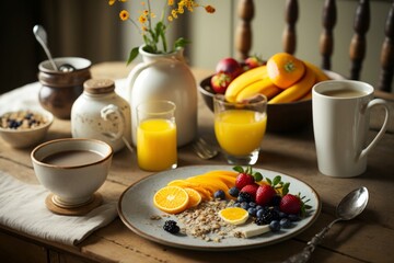 AI GENERATIVE, healthy breakfast, with oatmeal, orange juice and coffee, at the kitchen table
