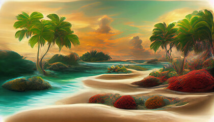 Naklejka premium Original 3D art, Tropical island beach wallpaper. Generative Ai