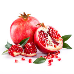 Fruit food concept. Side view photo of ripe pomegranate with green leaves and slices isolated on white background