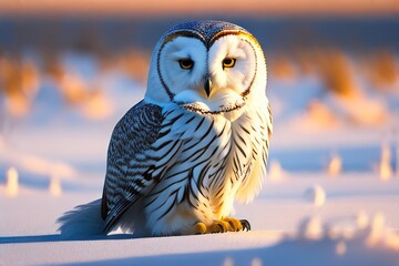 Polar owl in an Arctic tundra surrounded by ice hummocks. Wildlife imagery, comforting atmosphere, the concept of ecological environment. Generative AI