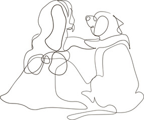 Obraz premium Friendly relationship between child and dog. one line illustration. The child hugs a golden retriever. friends forever. two look into the distance.