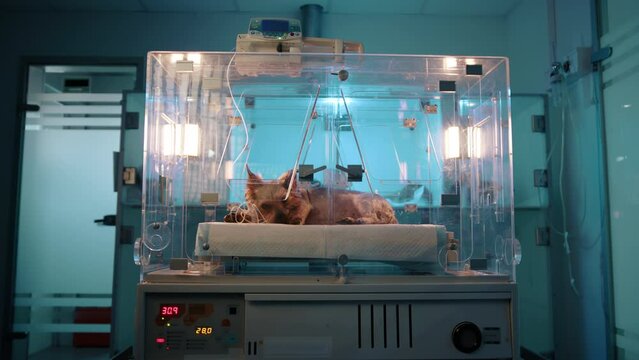 Camera showing a small brown dog in an oxygen chamber in a veterinary clinic. The dog in the box looks a tiny bit scared. The dog was put into the camber by the doctor.
