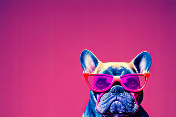 French Bulldog dog wearing sunglasses and pink background, Generative AI