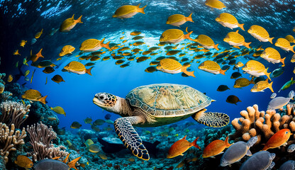 AI Generative Illustration of a Creative Photo of Graceful Solitude A Sea Turtle in the Underwater World, The underwater world is captured in this photo