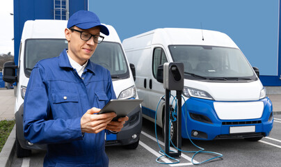 A man with a digital tablet stands next to electric delivery vans at electric vehicle charging...