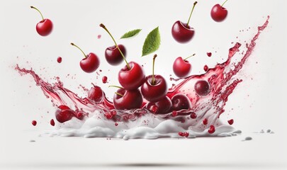 Fototapeta na wymiar a group of cherries splashing into a milk splash. generative ai
