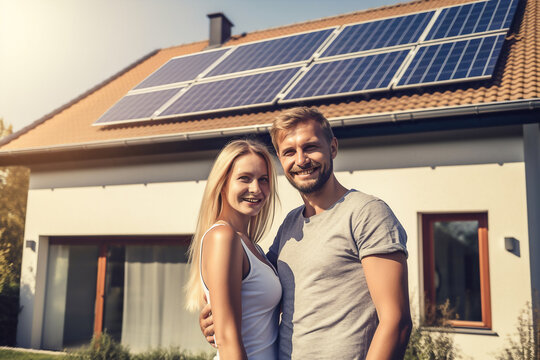 Smiling young couple standing in the driveway of a large house with solar panels installed - ai generative