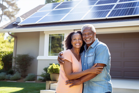 Smiling 50 years old Afro American couple standing in the driveway of a large house with solar panels installed - ai generative