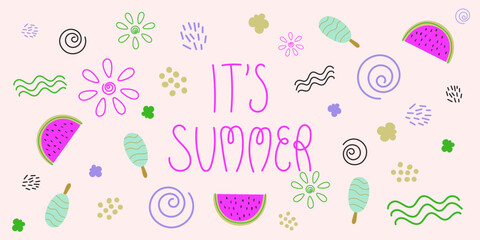 Fototapeta na wymiar It is summer phrase vector clip art set Hand drawn lettering illustration with watermelon, sun, waves, swirls, dots, doodle symbols of summer season 