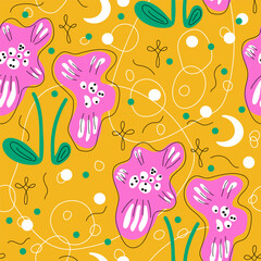 Abstract flower shapes in groovy funky style and tryndy color palette with moon, stars Trendy vector illustration of plants, lines, dots