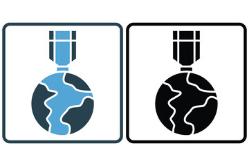 Medal icon illustration with earth. icon related to championship. Solid icon style. Simple vector design editable