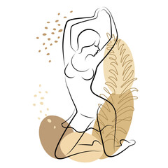 Silhouette of a woman in modern continuous line style and leaves of a plant. The girl is slim and beautiful. Lady suitable for decor, posters, stickers, logo. vector illustration