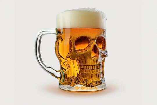Beer mug in the shape of a skull on a white background with foam. Isolated.